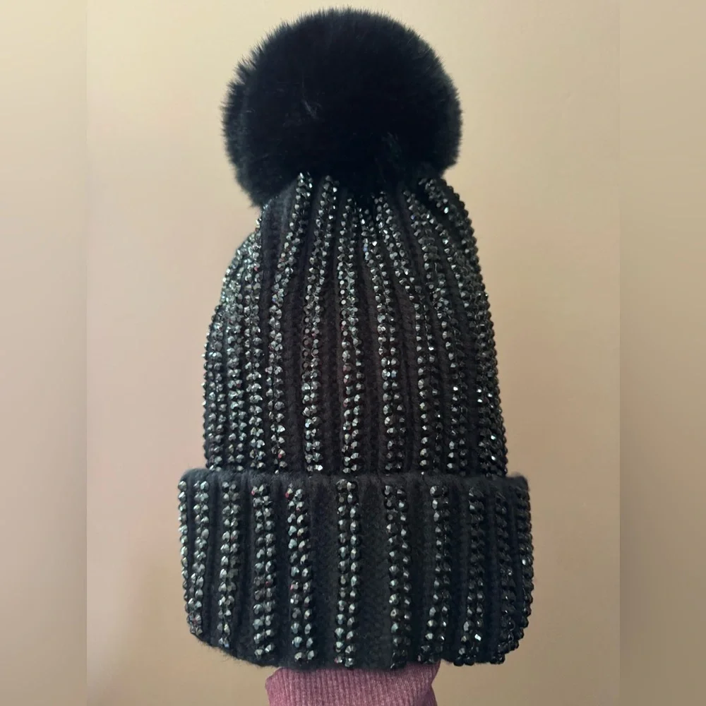 NWT Natasha Couture Black & Silver Embellished Beanie winter snow ski fashion